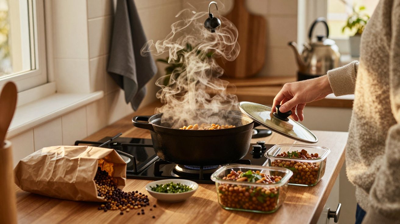 Pessoa tampando panela com grão-de-bico cozinhando no fogão em cozinha aconchegante e iluminada.