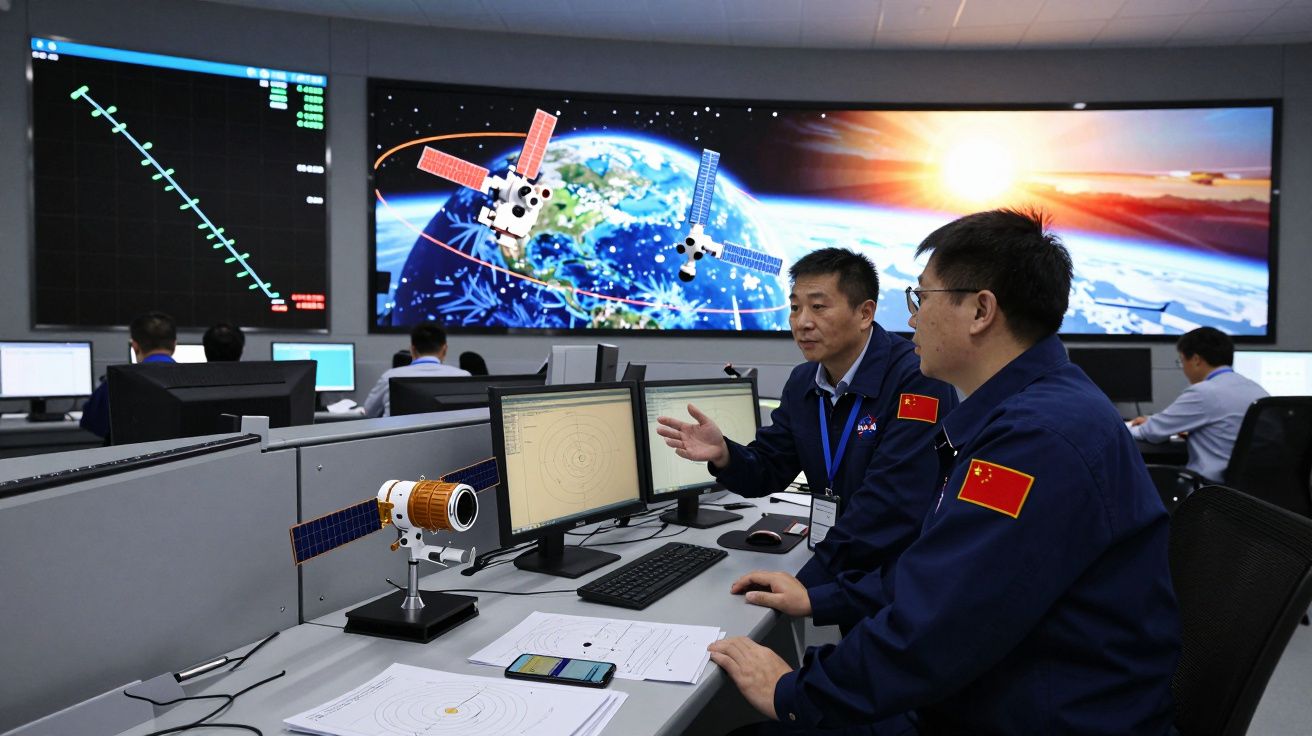 Dois técnicos chineses em centro de controle espacial com monitores e imagens de satélites em fundo digital.