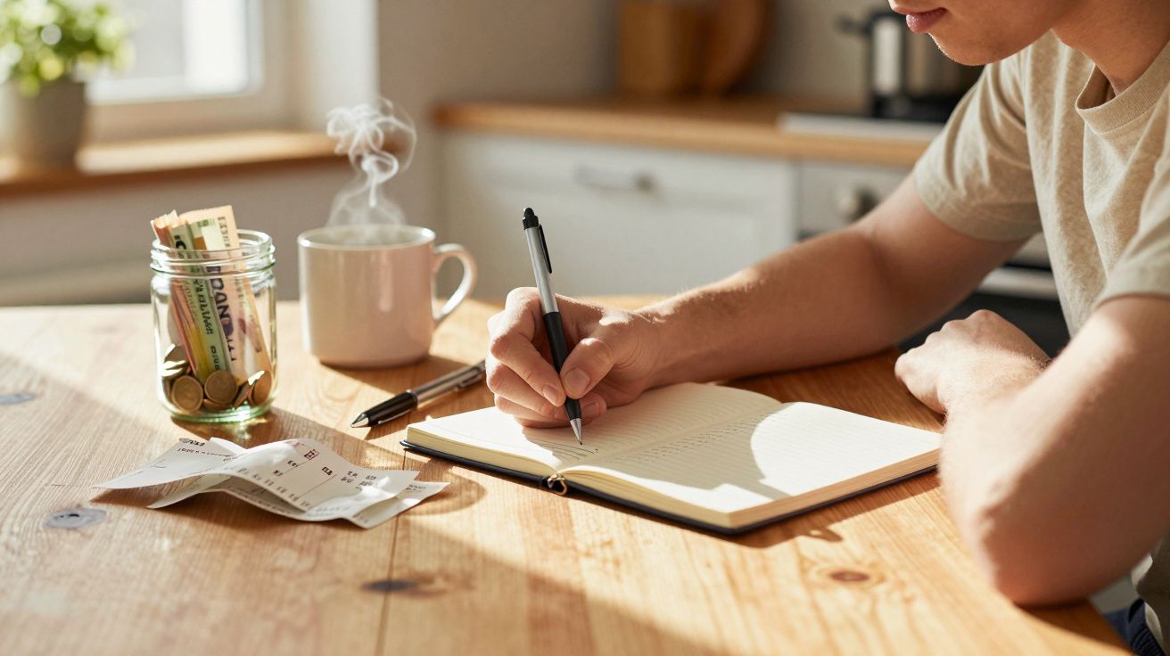 Pessoa escrevendo em caderno com cofre de vidro, recibos e caneca de café fumegante sobre mesa de madeira.