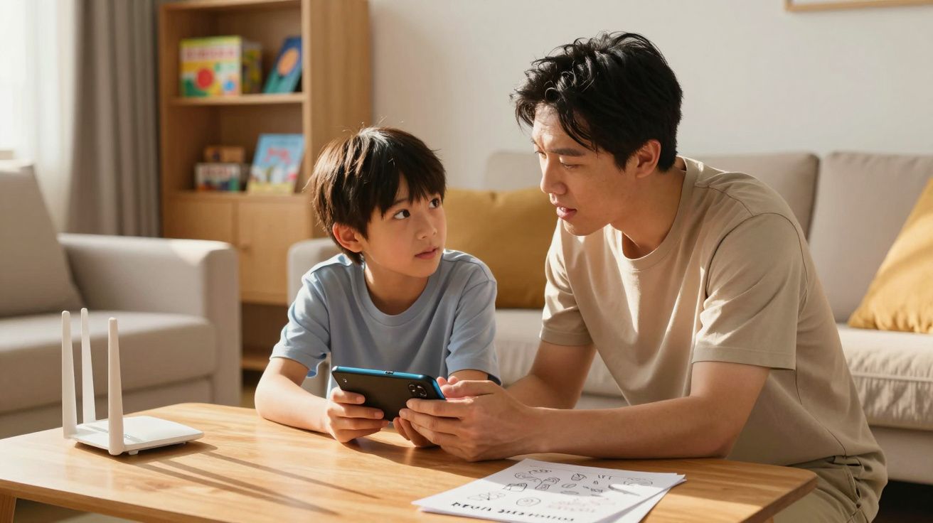 Pai e filho sentados à mesa da sala, focados em um tablet, com folhas de atividades e roteador à frente.