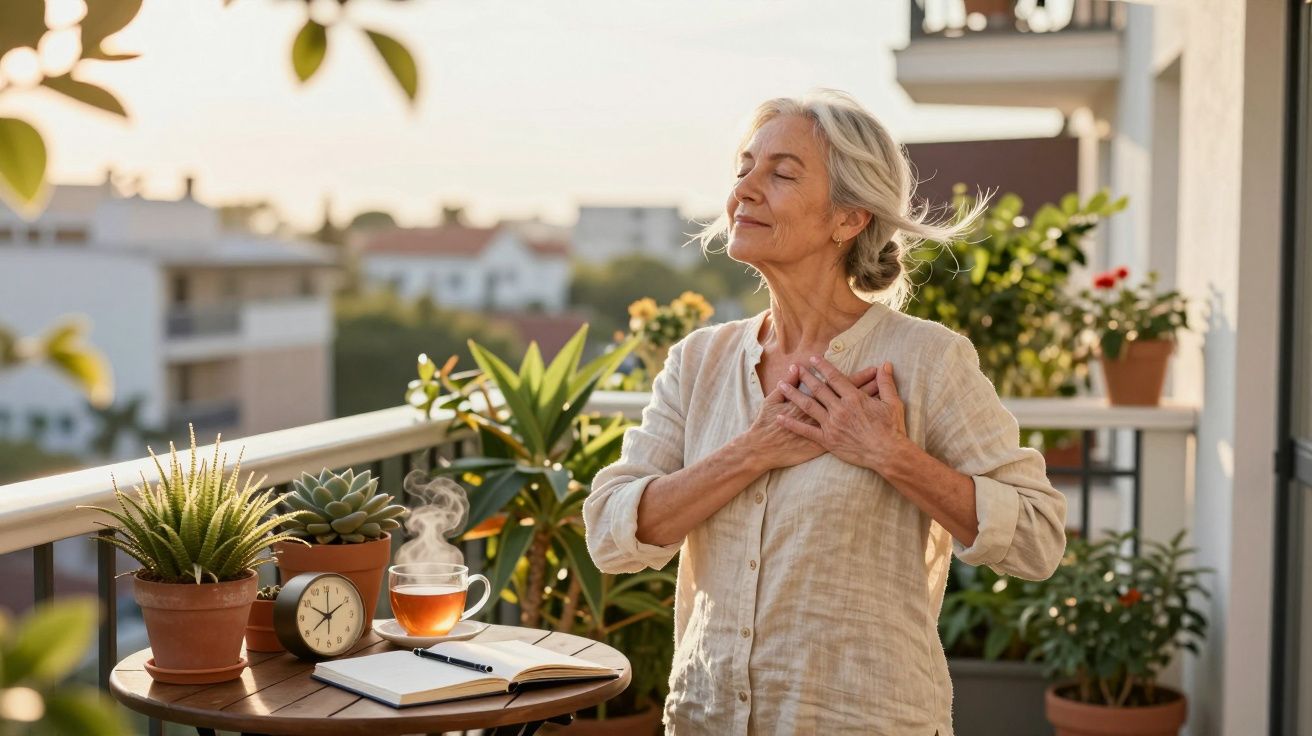 Mulher madura aproveita momento de paz na varanda rodeada de plantas, com chá quente e livro na mesa.