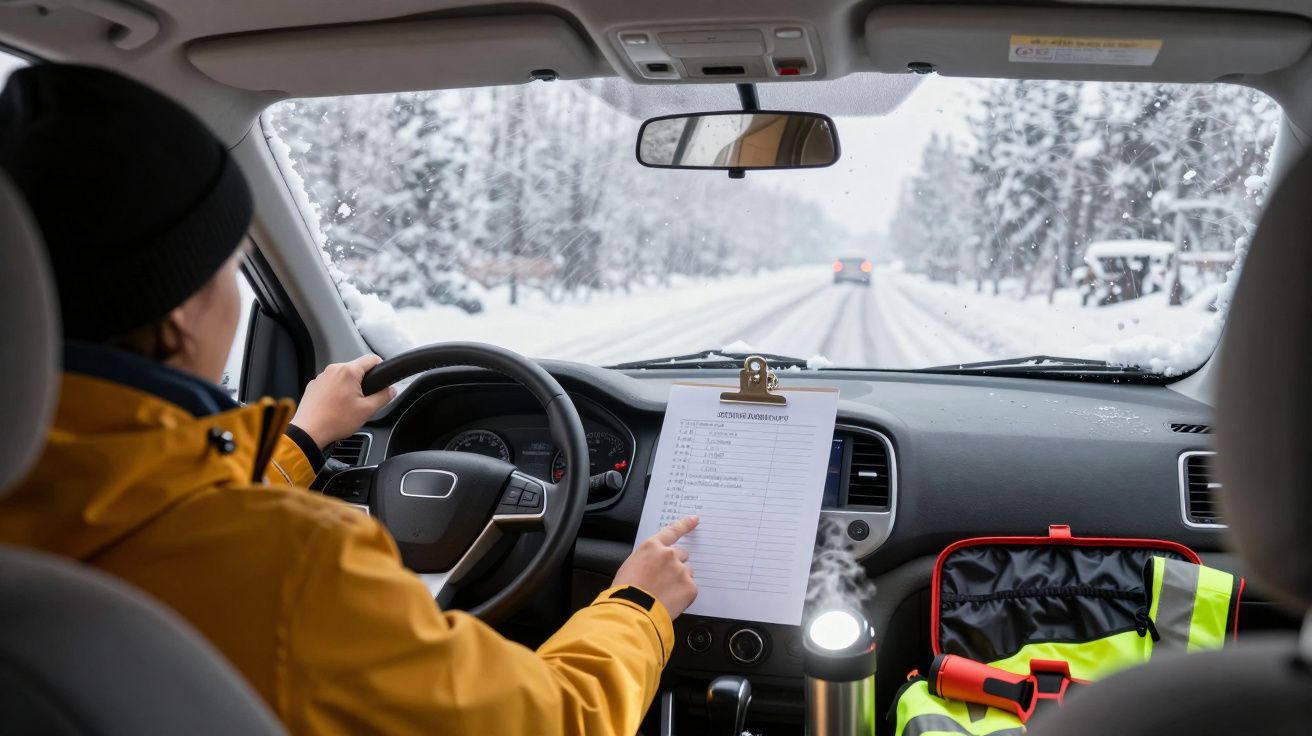 Pessoa com jaqueta amarela dirige em estrada coberta de neve e consulta checklist no volante do carro.