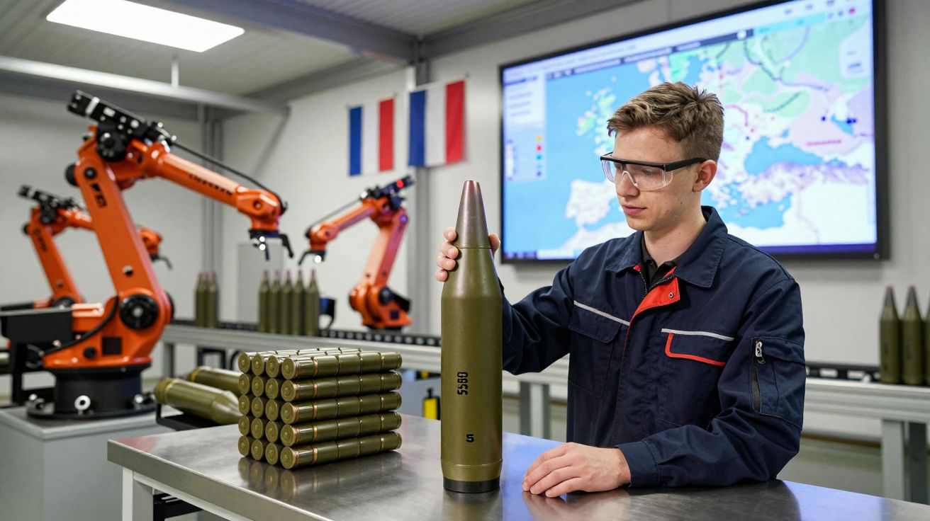 Jovem com óculos de proteção segura projétil militar em fábrica com robôs industriais ao fundo.