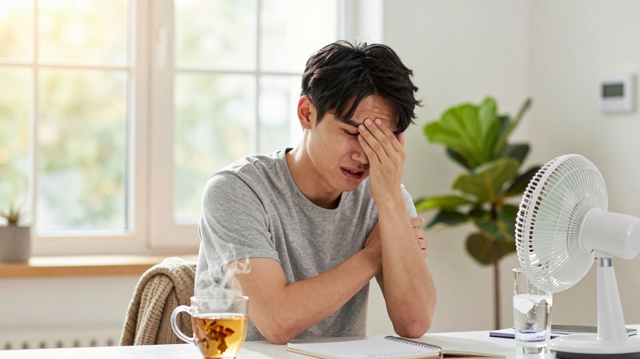 Jovem suando e com dor de cabeça, tentando se refrescar com ventilador e chá quente em ambiente iluminado.