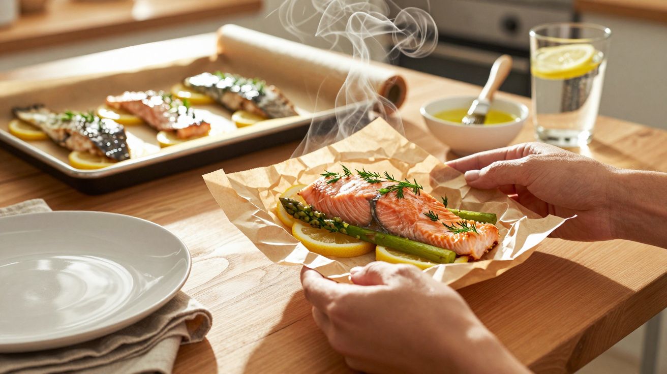 Mãos segurando papel com salmão grelhado, aspargos, ervas e fatias de limão em mesa de madeira.