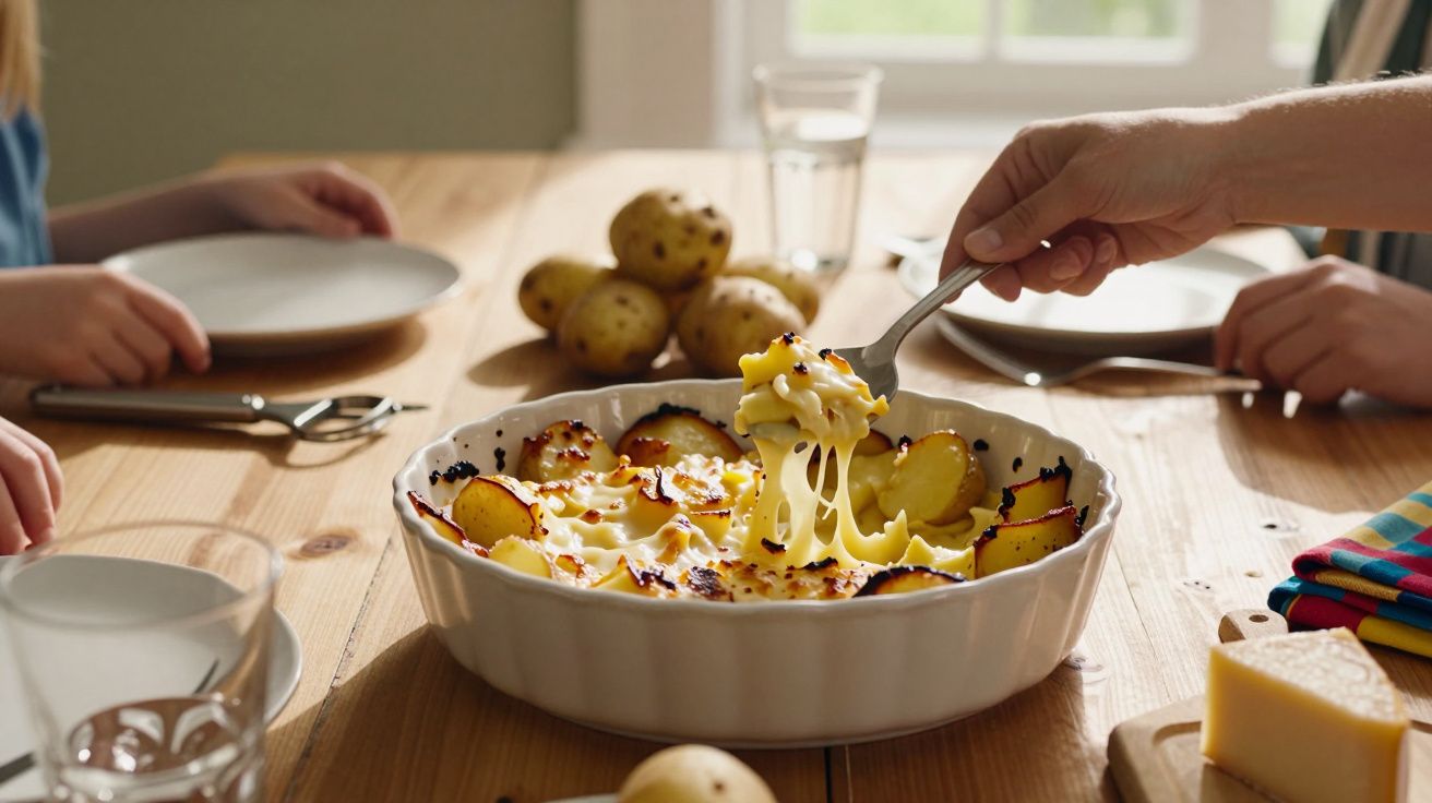 Prato de batatas gratinadas com queijo derretido sendo servido à mesa de madeira com pessoas à espera.