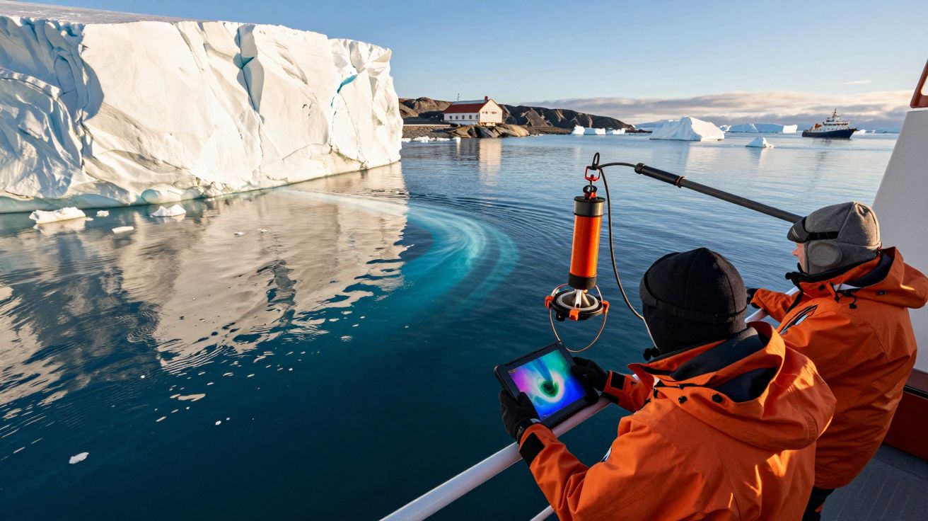 Dois pesquisadores em roupas laranja coletam dados em barco próximo a icebergue e costa nevada.