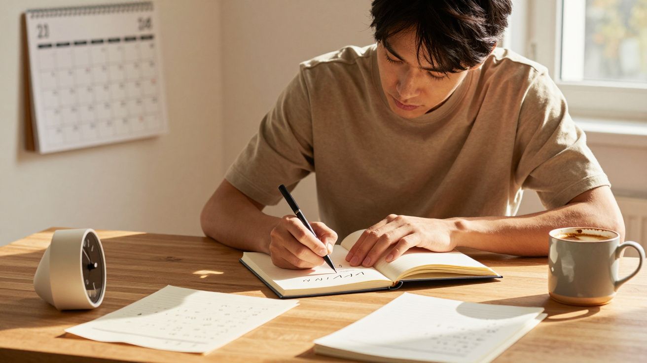 Jovem concentrado escrevendo um diário em uma mesa de madeira com café, relógio e calendário.