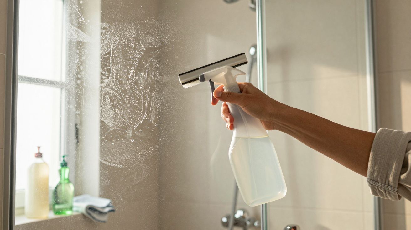 Mão segurando borrifador enquanto limpa espelho em banheiro com janela ao fundo iluminada.