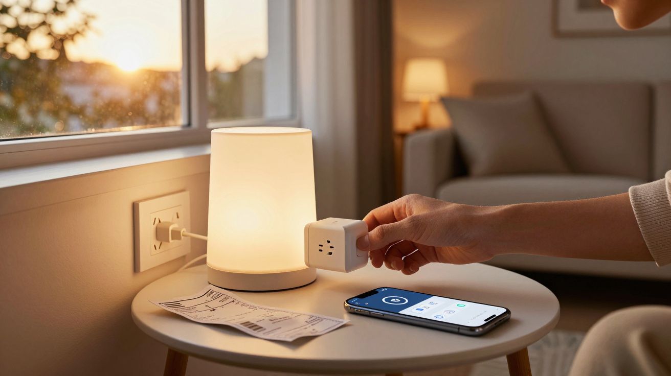 Pessoa segurando plugue inteligente perto de abajur ligado, com smartphone e contas sobre mesa redonda.