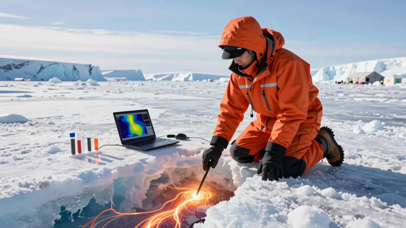 Pesquisador em roupa laranja coleta dados em buraco no gelo com laptop e tubos de ensaio ao lado.