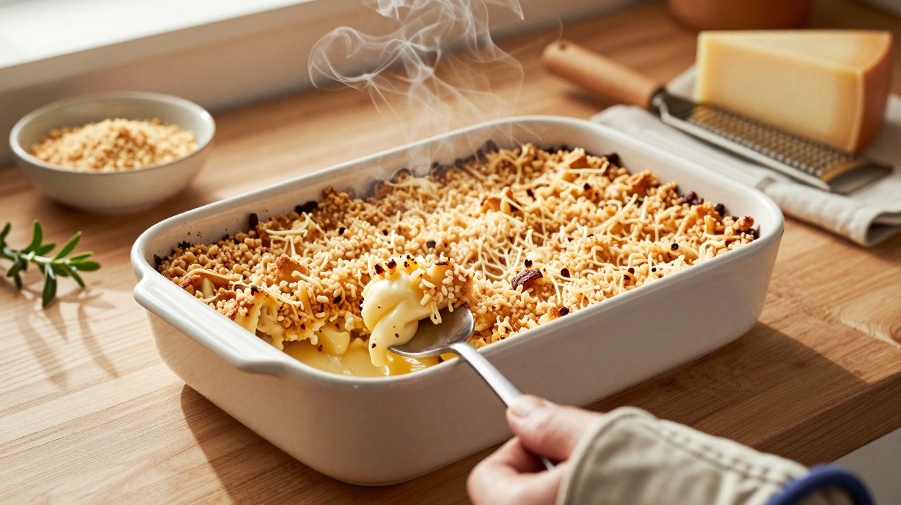 Assado de macarrão com queijo cremoso e crosta dourada em travessa branca numa bancada de madeira.