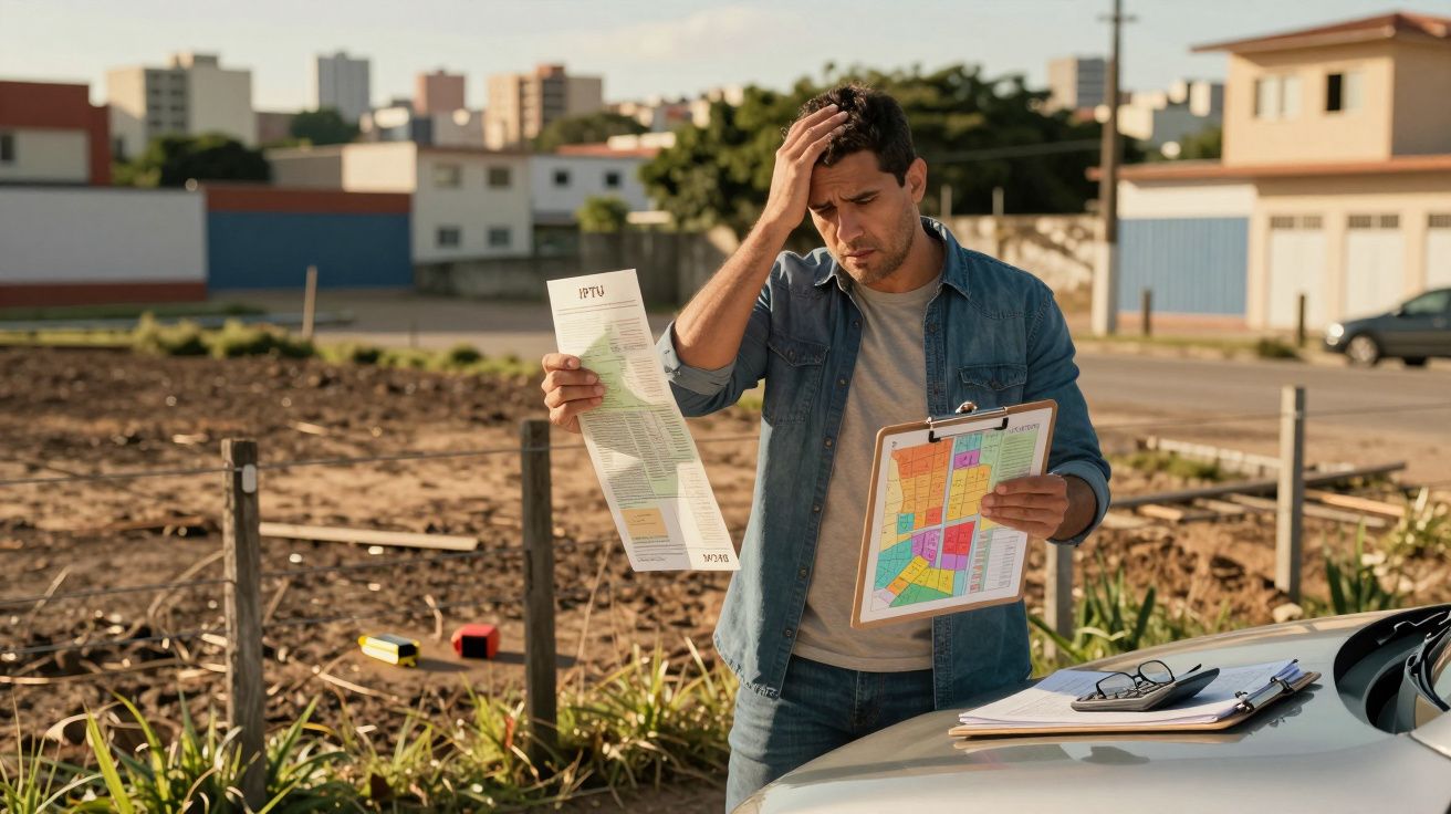 Homem em um terreno vazio segurando uma planta baixa e uma escritura, com expressão preocupada.