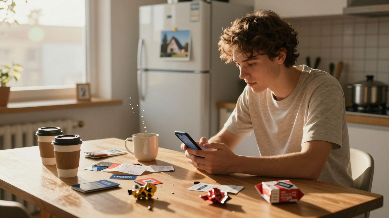 Jovem sentado à mesa de cozinha usando celular, com copos de café e papéis espalhados.