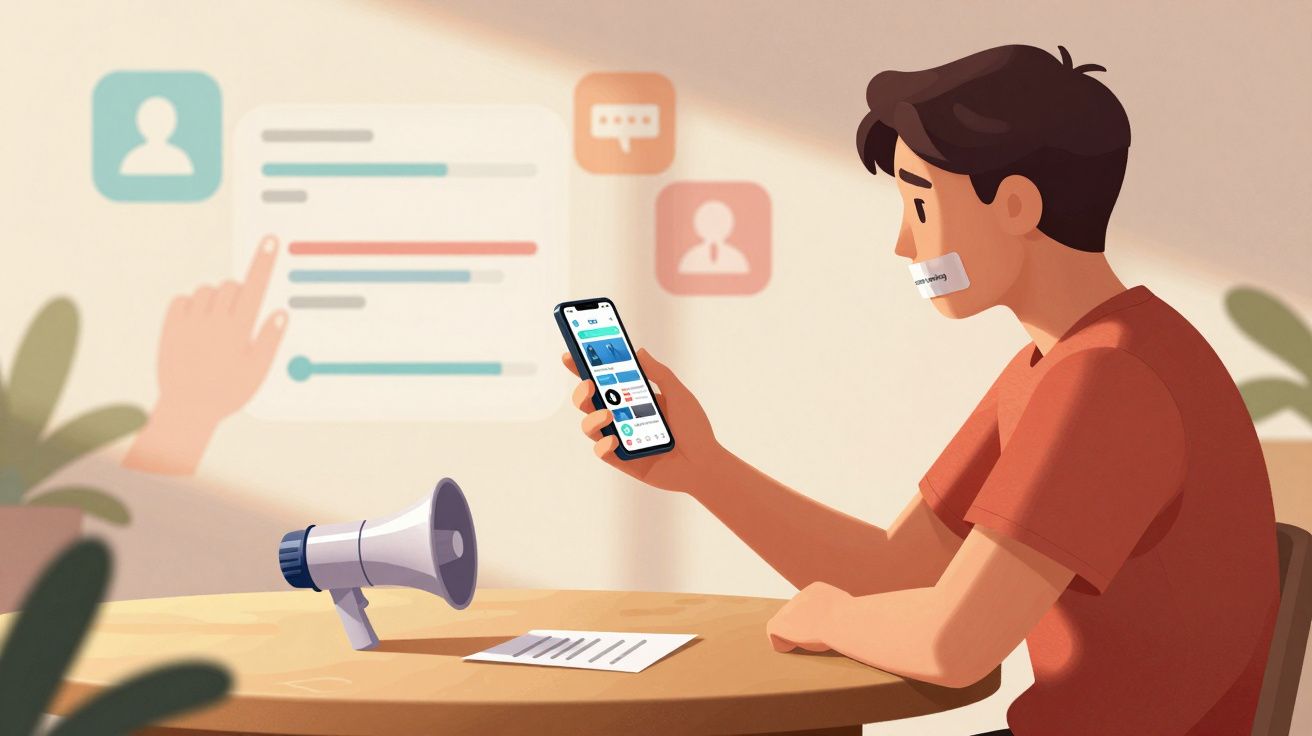 Homem sentado com a boca tapada, segurando celular, megafone na mesa e ícones de redes sociais ao fundo.