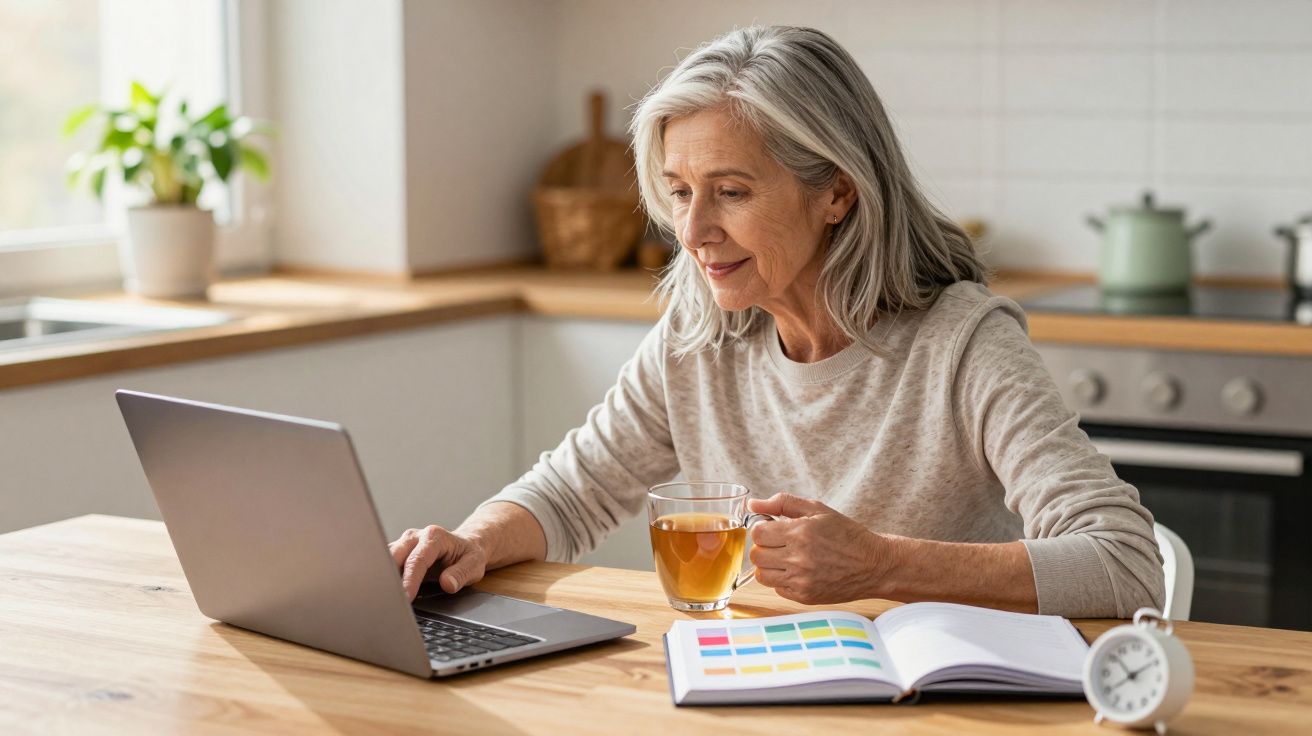 Mulher madura sentada na cozinha com chá na mão, usando laptop e olhando anotações coloridas.