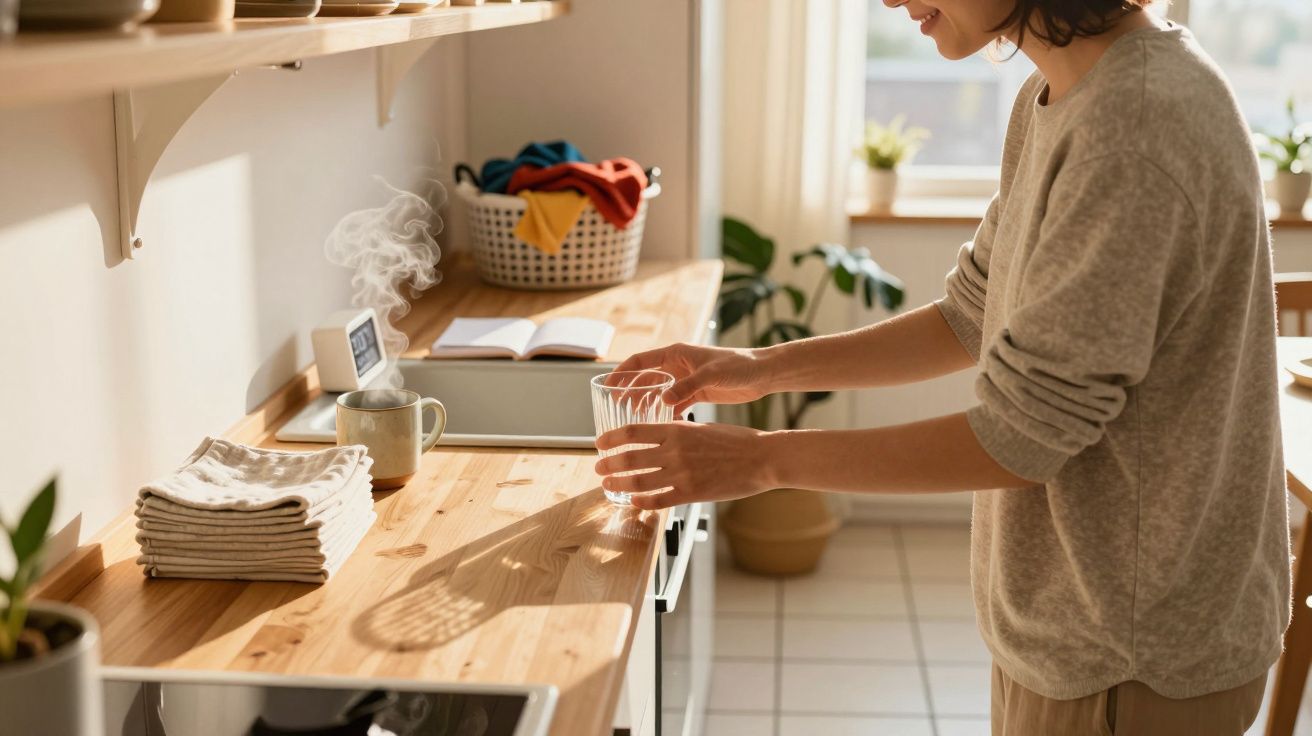 Pessoa segurando copo de vidro em cozinha iluminada, ao lado de xícara com vapor e cesta de roupas.