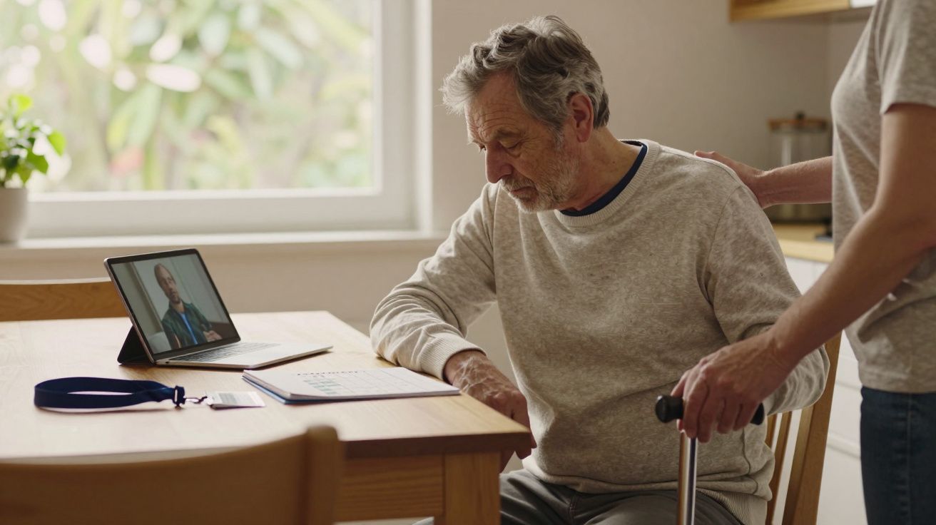 Homem idoso sentado sentindo dor, recebendo apoio de outra pessoa próxima à mesa com tablet em videochamada.