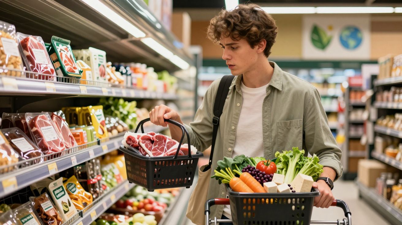 Jovem faz compras no supermercado segurando cesta com carnes e carrinho com legumes e frutas.