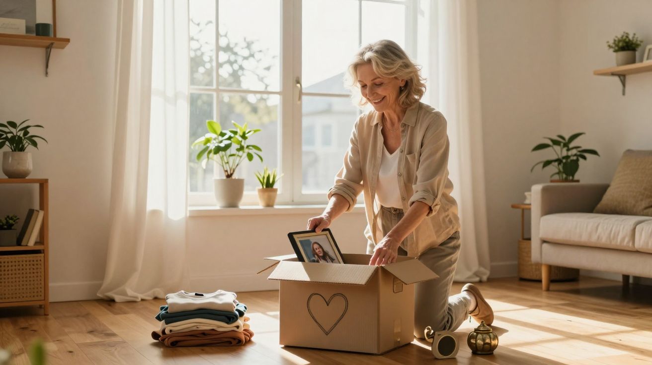 Mulher sorrindo arrumando fotos em caixa de papelão com coração em sala iluminada e plantas ao fundo.