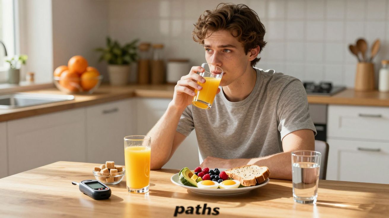 Homem jovem sentado à mesa na cozinha bebendo suco de laranja com café da manhã saudável à sua frente.