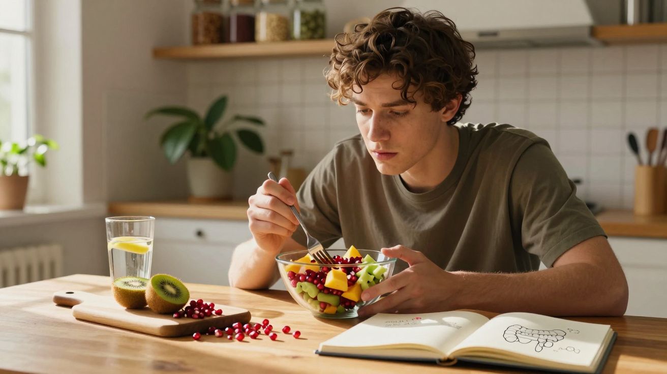 Jovem sentado à mesa com tigela de salada de frutas, livro aberto e copo de água com limão.