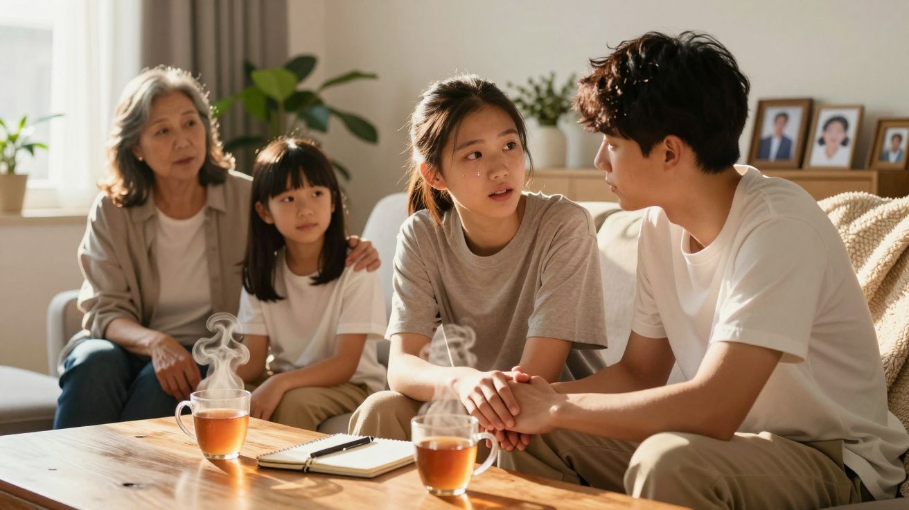 Quatro pessoas conversam sentadas em uma sala iluminada, duas segurando as mãos, com chá e caderno na mesa.