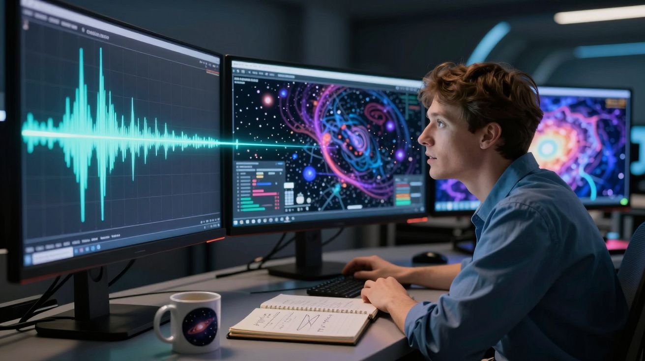 Jovem analisando gráficos e dados astronômicos em múltiplos monitores no computador.