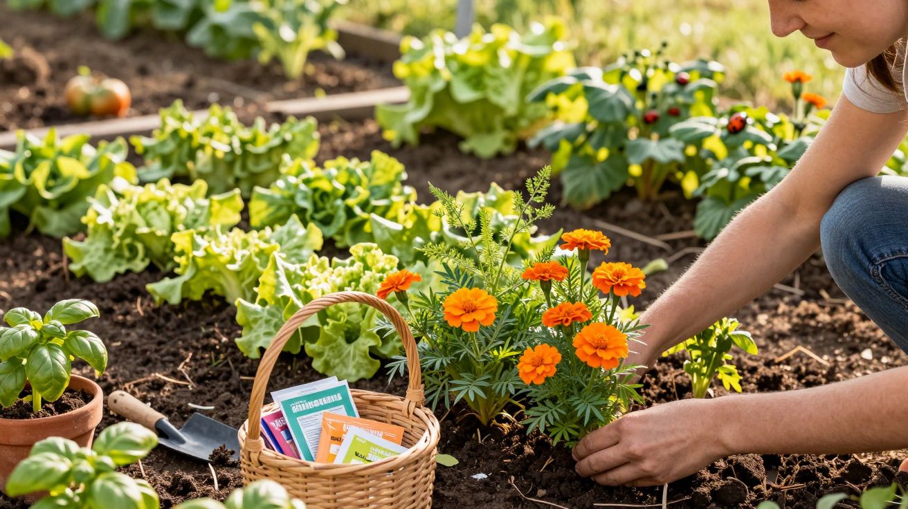 Pessoa plantando flores alaranjadas em canteiro de jardim, com cesta de sementes ao lado.