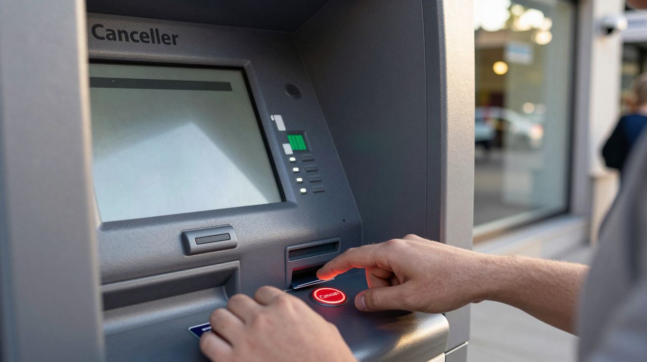 Pessoa apertando botão vermelho de cancelar em caixa eletrônico cinza ao ar livre.