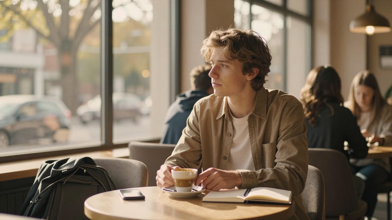 Jovem sentado em cafeteria segurando xícara de café com caderno aberto e janela ao fundo.