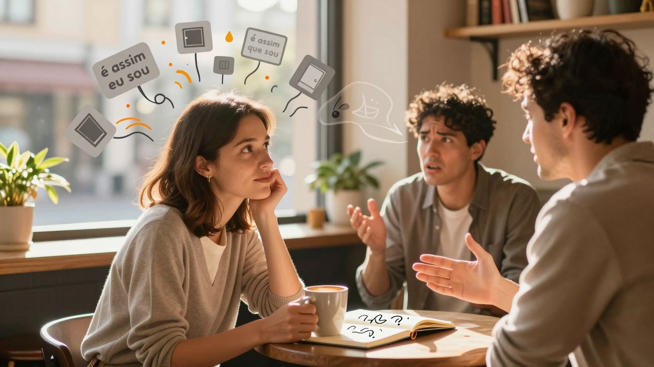 Três jovens conversando em mesa de cafeteria, com balões de pensamento ilustrados sobre eles.