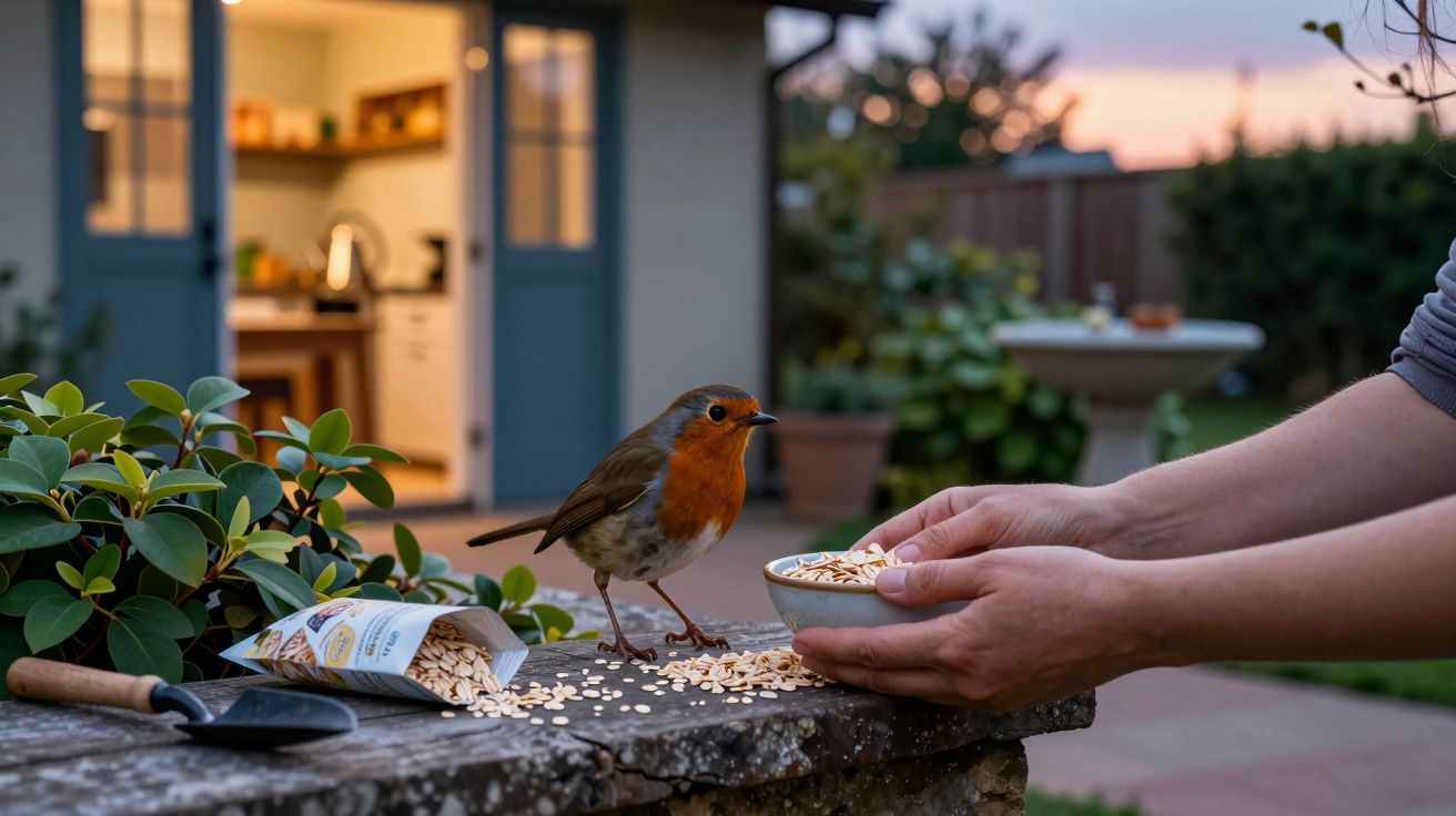Pássaro pousado em muro sendo alimentado com sementes por pessoa em jardim ao entardecer.