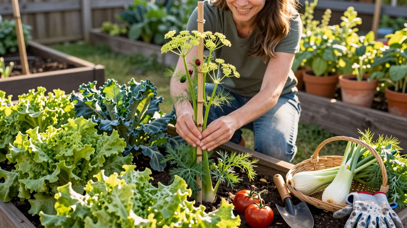 Mulher cuida de plantas em horta orgânica com legumes, tomate, luvas e regador ao lado no jardim.