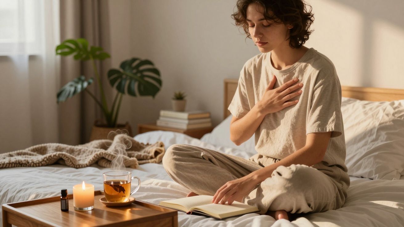 Pessoa sentada na cama em ambiente acolhedor, com vela, chá e livro, expressando calma e reflexão.