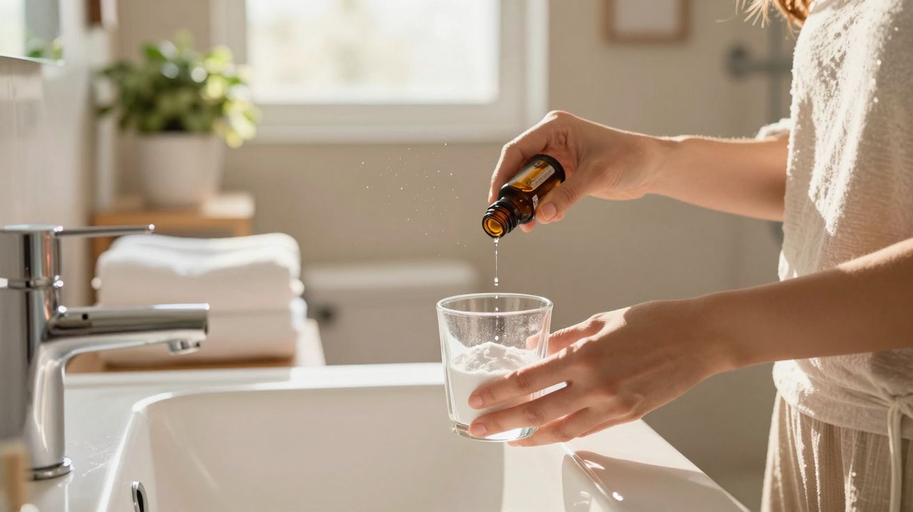 Pessoa derramando óleo essencial em copo com algodão ao lado de pia em banheiro iluminado.