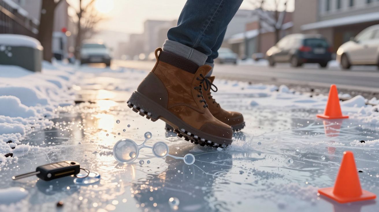 Pessoa com bota marrom pisando em superfície congelada na rua com cones laranjas ao redor.