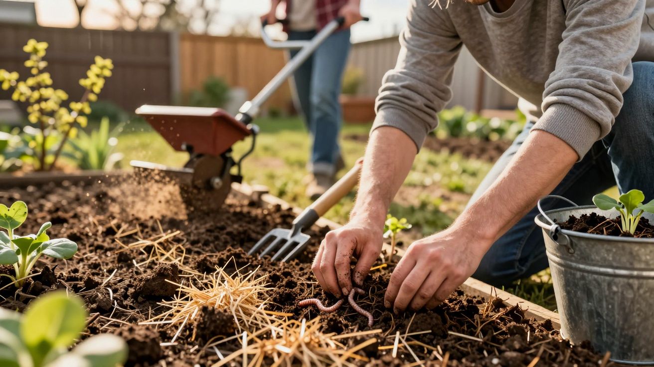 Pessoa manuseando minhocas no solo de horta enquanto outra utiliza enxada para preparar a terra.