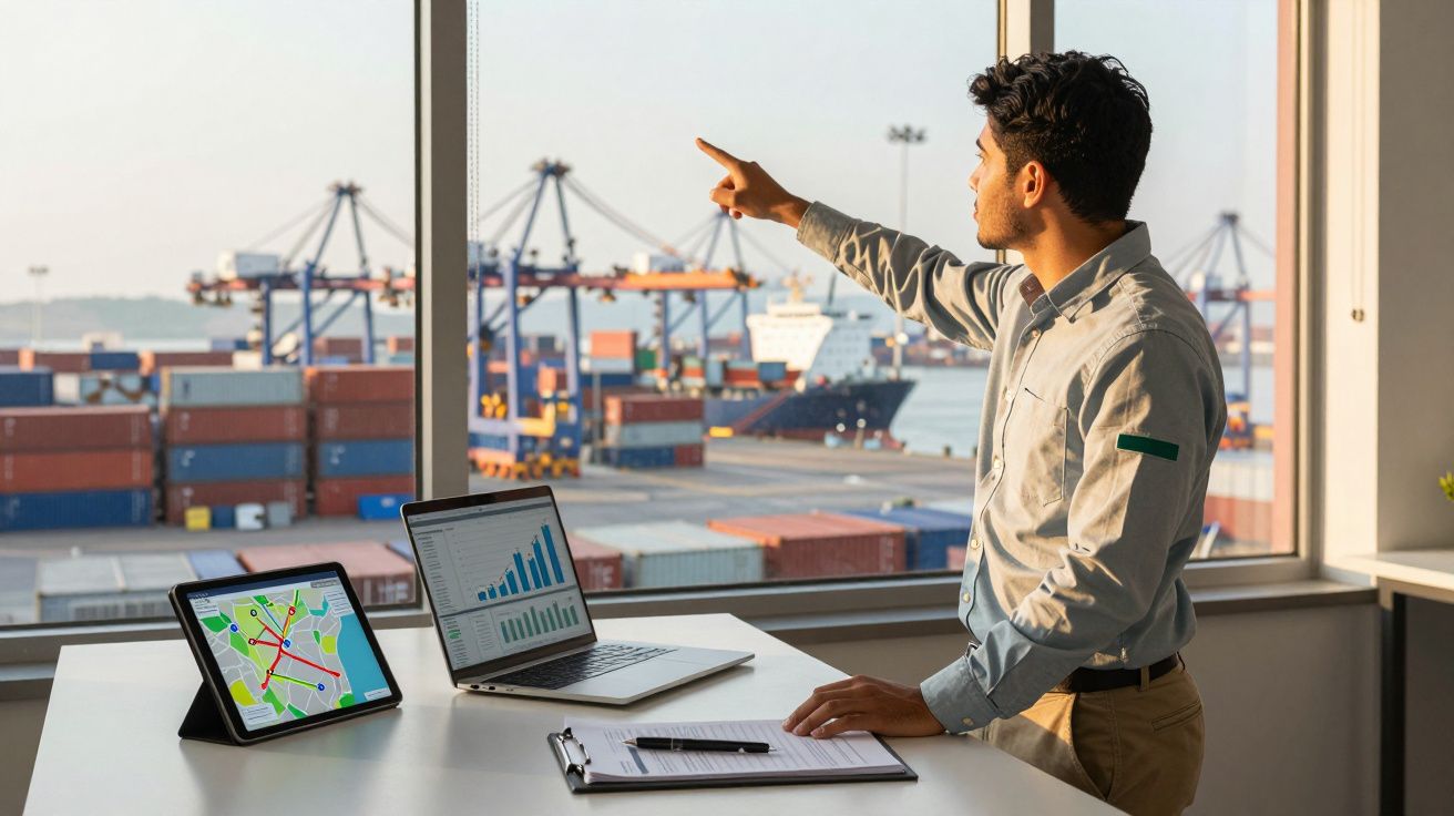 Homem em escritório aponta para porto com contêineres enquanto monitora dados em laptop e tablet na mesa.