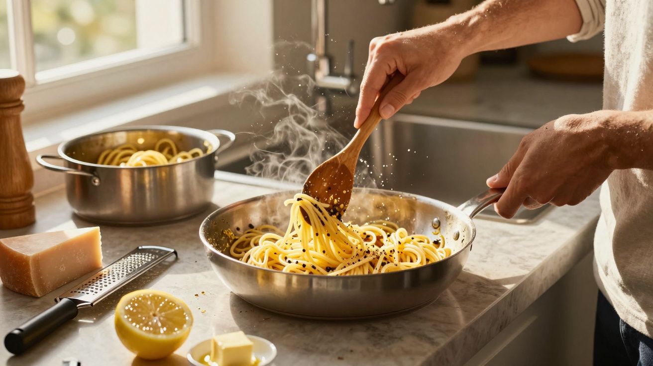 Pessoa temperando espaguete com pimenta em frigideira na cozinha, próximo a limão, manteiga e queijo parmesão.