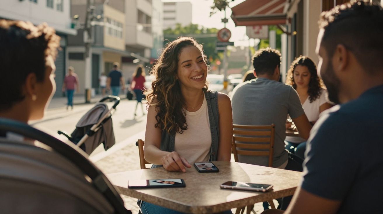 Grupo de amigos sorrindo e conversando em mesa ao ar livre em café na cidade.