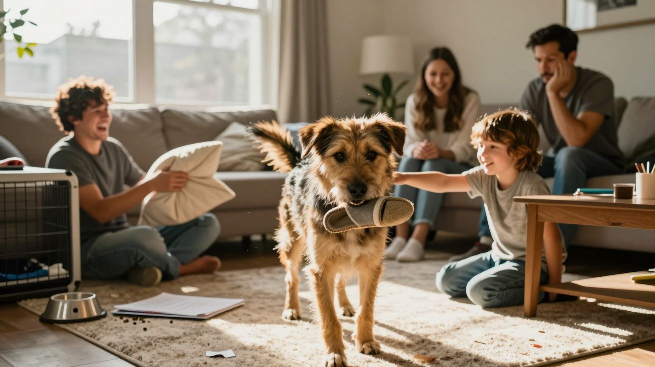 Cachorro com chinelo na boca brinca com família sorridente em sala de estar iluminada.