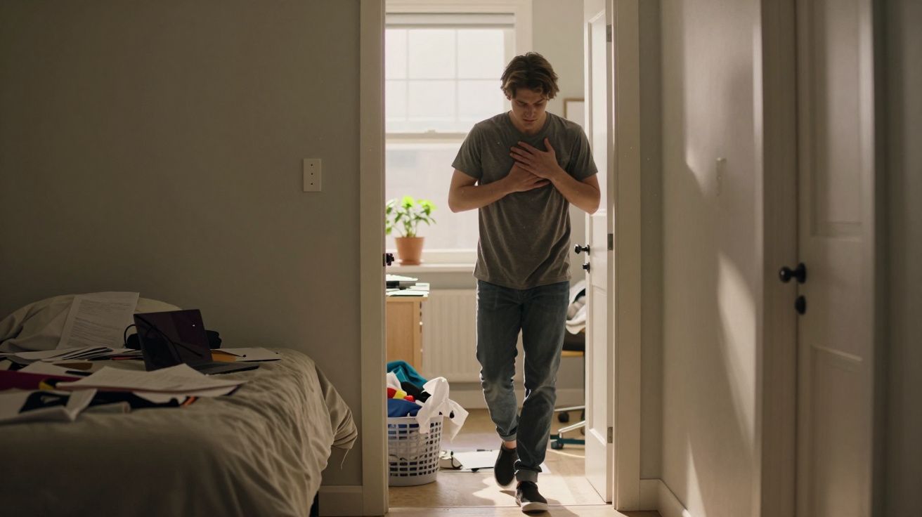 Jovem segurando o peito em dor, caminhando em corredor dentro de casa, quarto bagunçado ao lado.