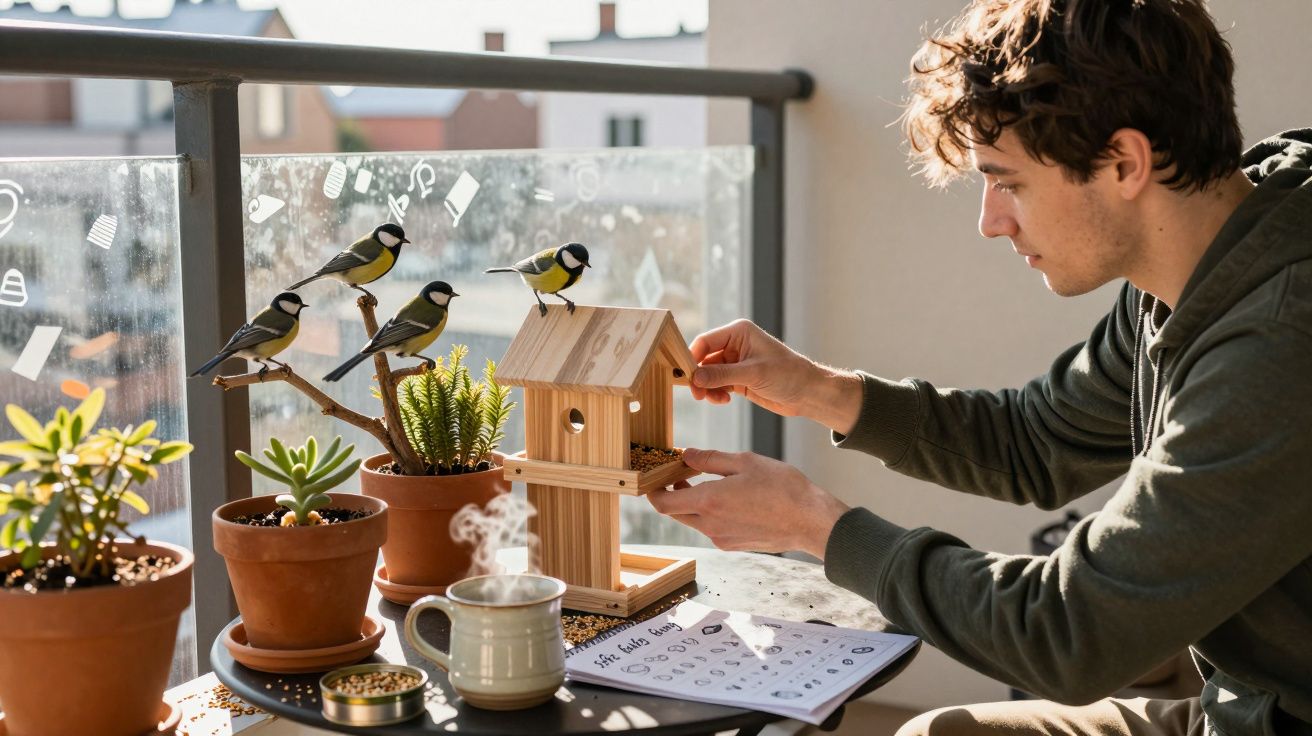 Jovem alimenta passarinhos em comedouro de madeira na varanda ensolarada com plantas em vasos.
