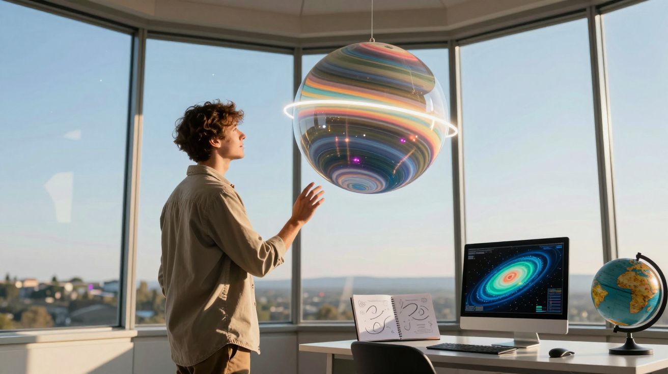 Jovem em escritório iluminado observa modelo holográfico colorido de planeta flutuante com anéis.