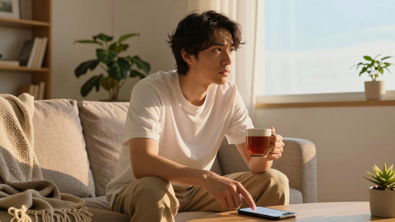Jovem sentado no sofá segurando xícara de chá e usando celular, em ambiente iluminado naturalmente.