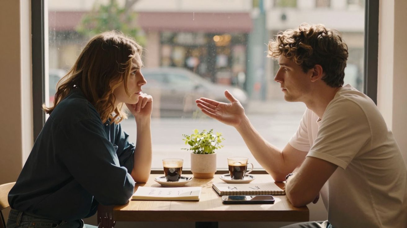 Casal conversando sério em cafeteria, sentados em frente com café e caderno na mesa.