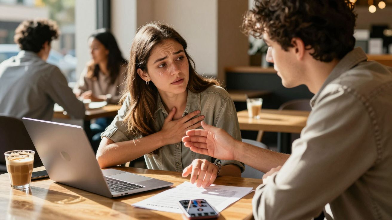 Mulher com expressão preocupada conversa com homem em café, com laptop e documentos na mesa.