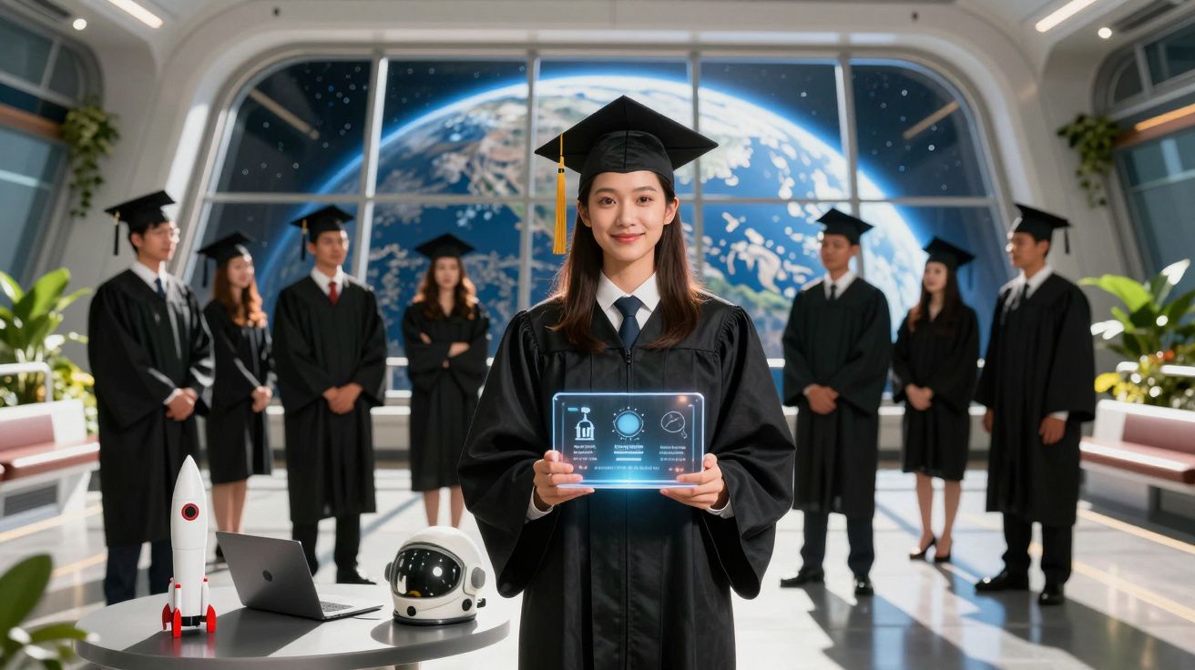 Formandos em traje acadêmico em ambiente futurista com holograma e vista da Terra ao fundo.