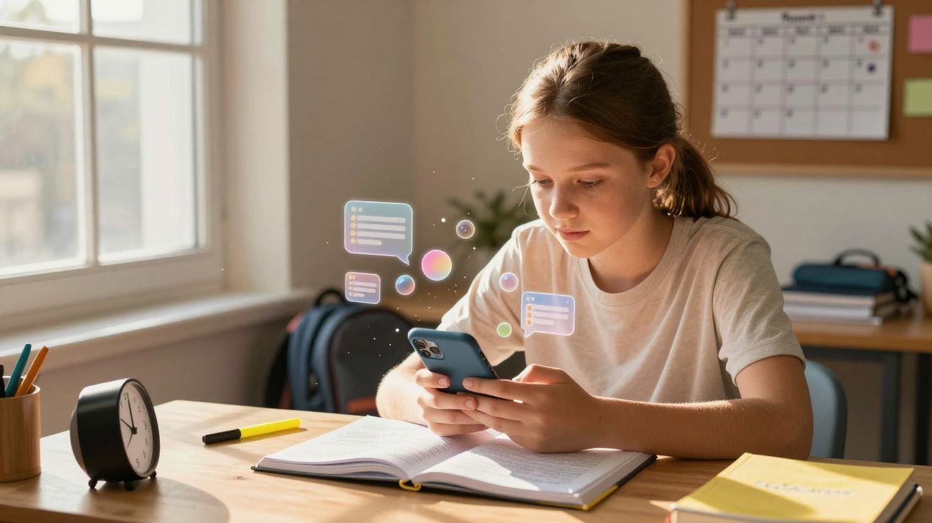 Adolescente estudando com livro aberto e mexendo no celular, mensagens flutuando em ambiente iluminado.